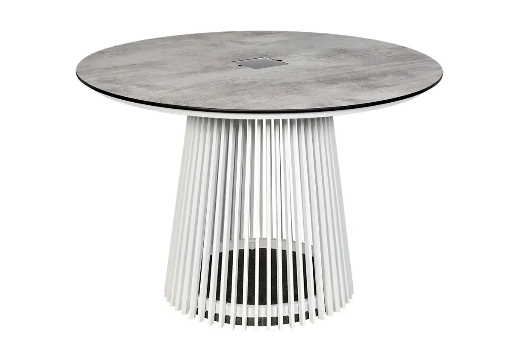 Halo Table Repas Ronde Solaire 500 Lm En Alu Latté Blanc H75 Cm, Plateau Plein Hpl Béton Ciré Diam.110 Cm, Base Granit